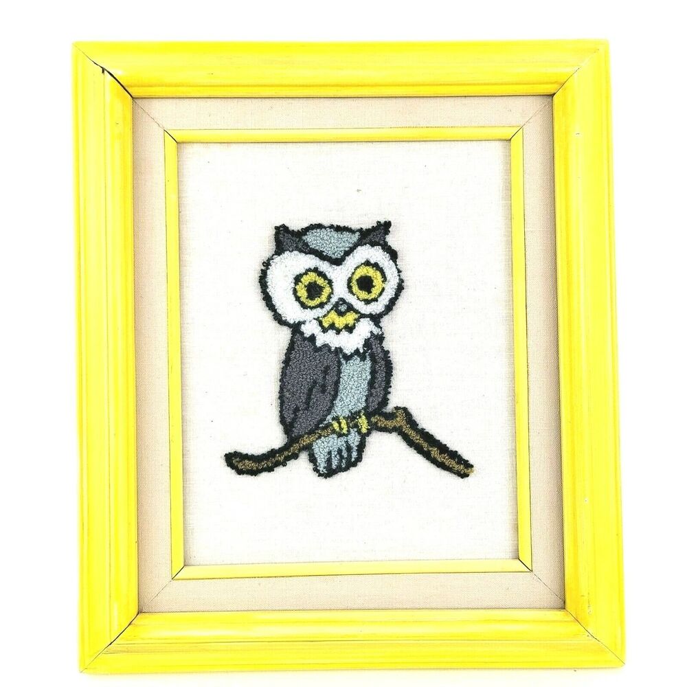 VTG 70s Crewel Embroidery Gray Owl on A Branch Yellow Wooden Frame